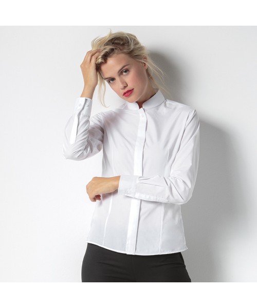 Plain Women's mandarin collar fitted shirt long sleeve Kustom Kit 115 GSM